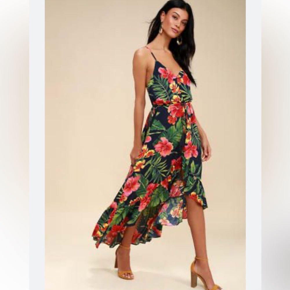Lulu’s Pura Vida Navy Blue Tropical Print Button-Up High-Low Midi Dress XS 0 / 2